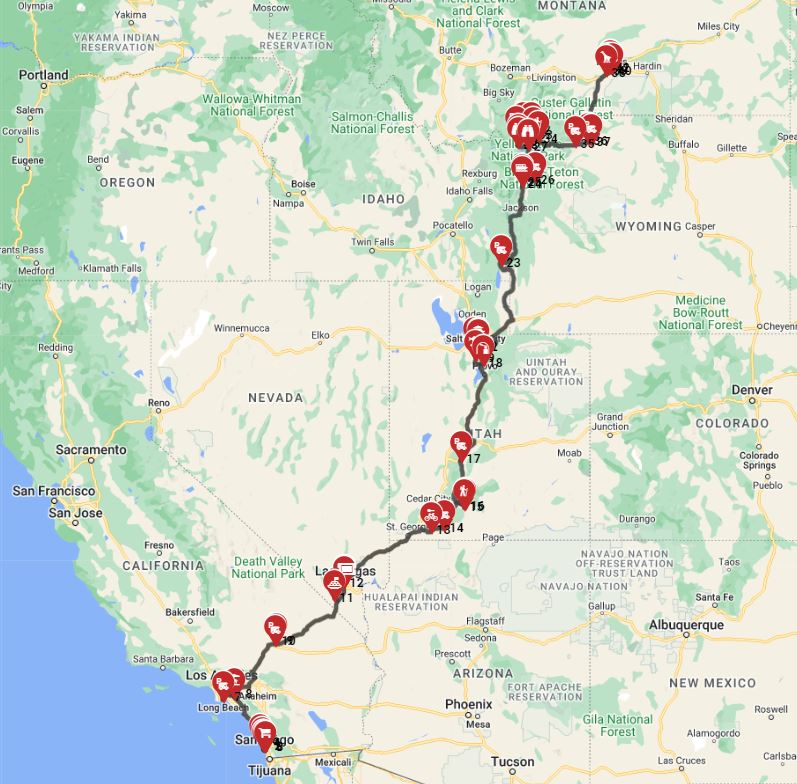 Map for San Diego to Billings - Western Wonders and Frontier Adventures